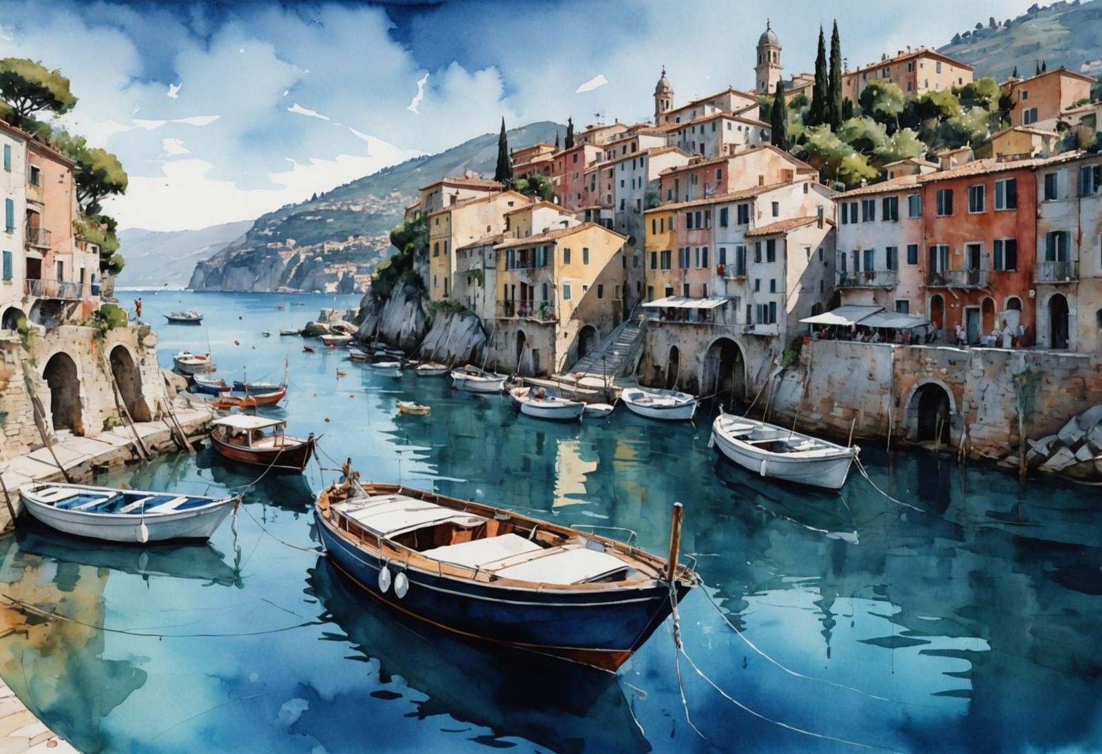 Italian Riviera Village: Expressive Watercolor Art