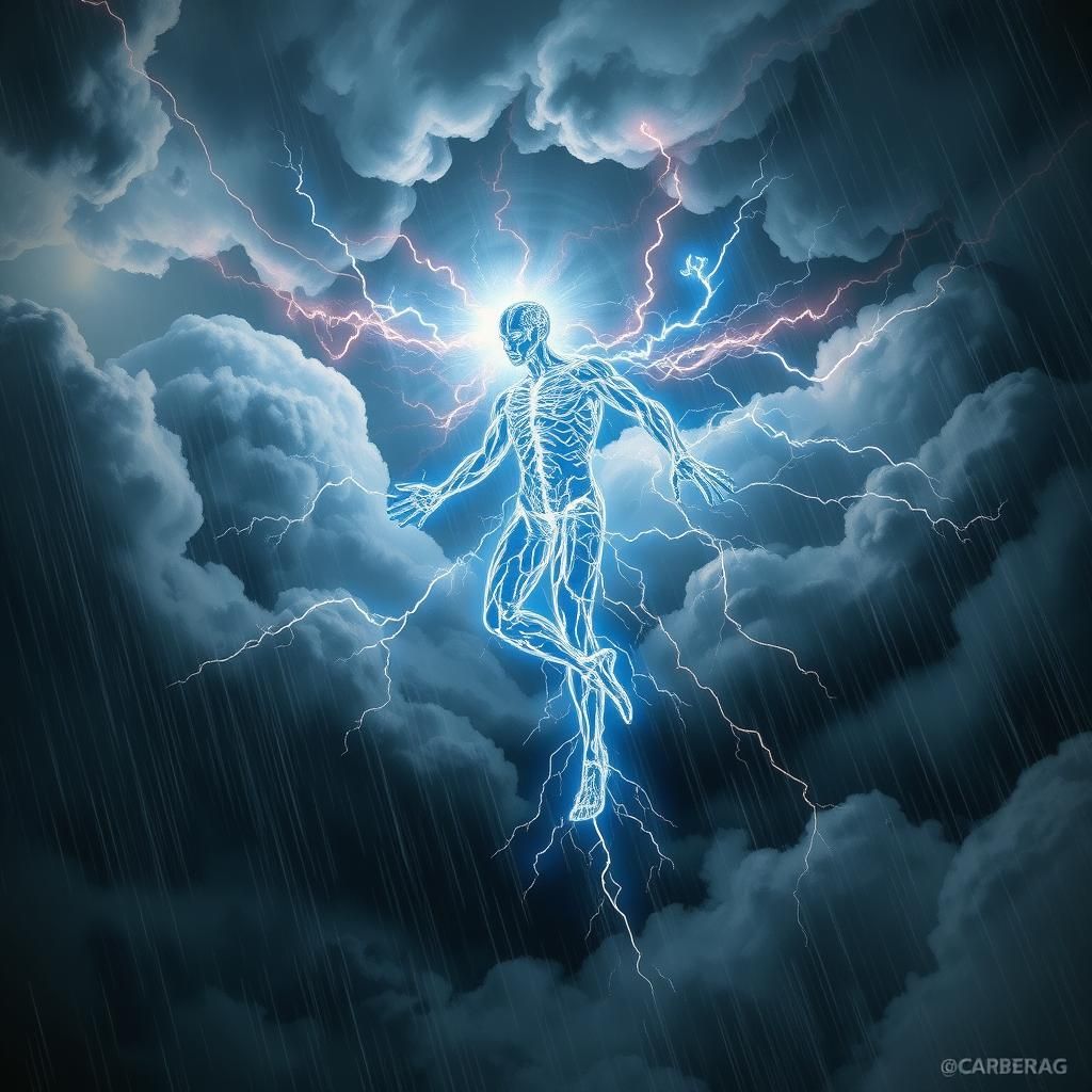 Electrifying Lightning Humanoid Soaring Through Storm Clouds