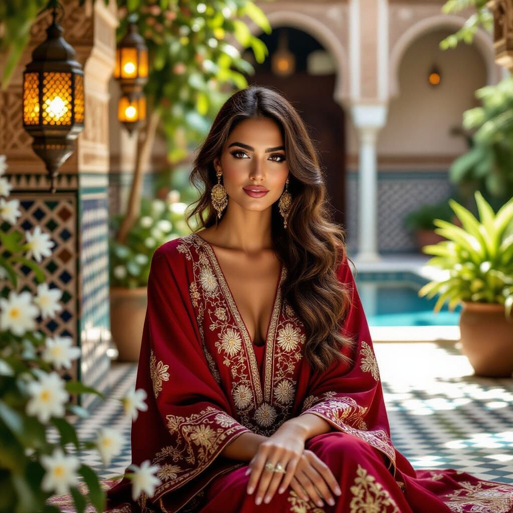 Moroccan Woman in Courtyard with Mosaic Tiles