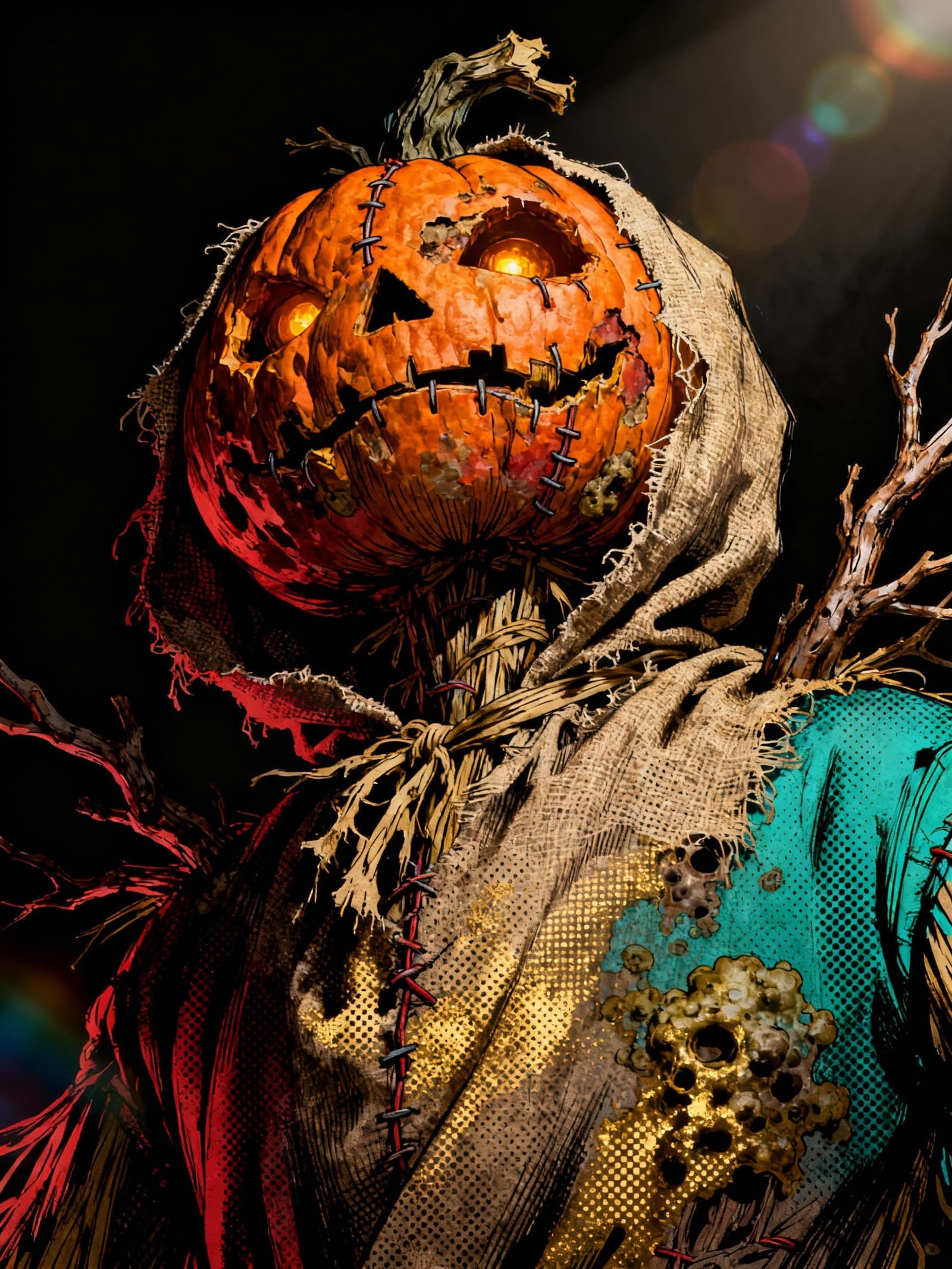 Creepy Pumpkinhead Scarecrow Portrait with Dramatic Lighting