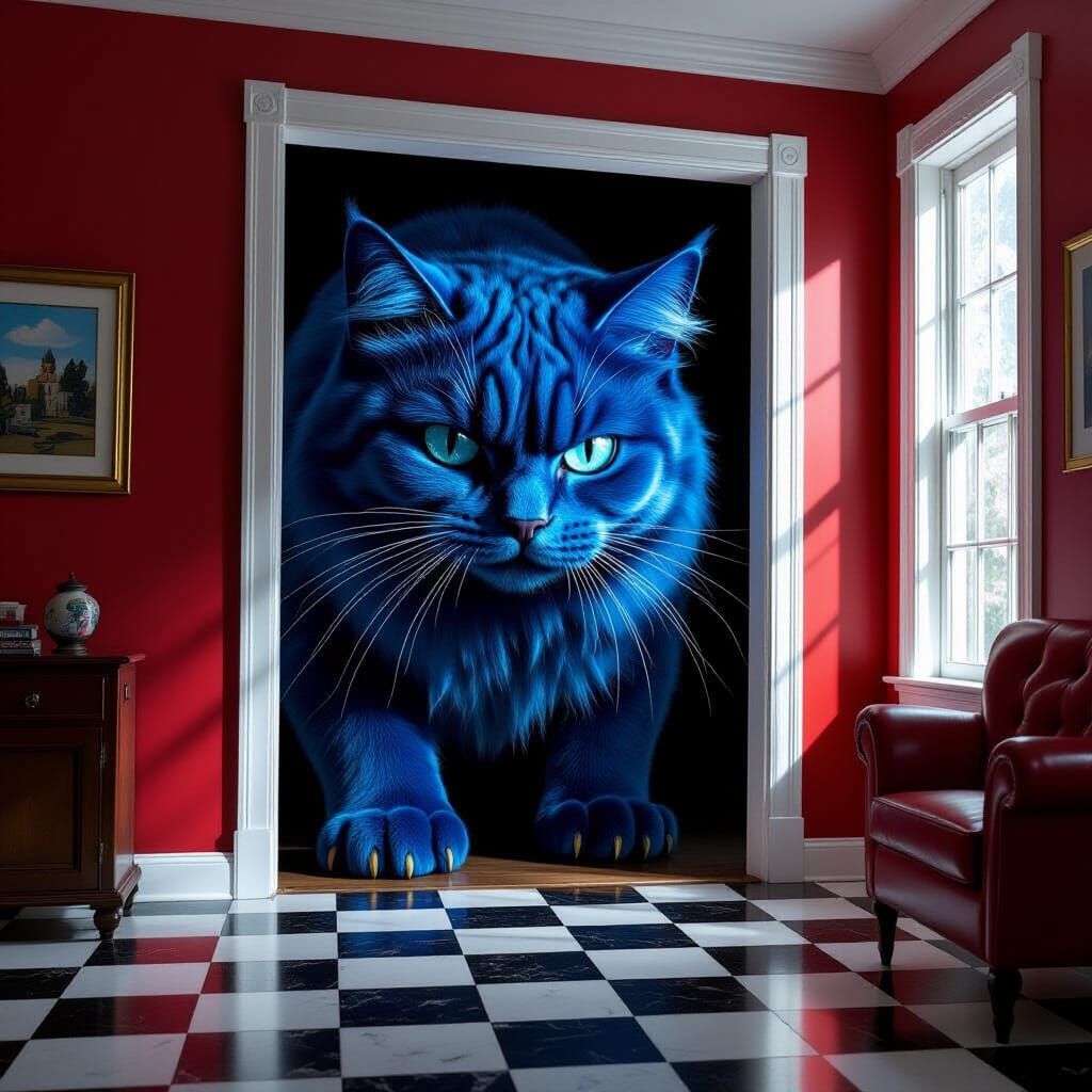 Giant Blue Cat Head Peeks Through Living Room Window