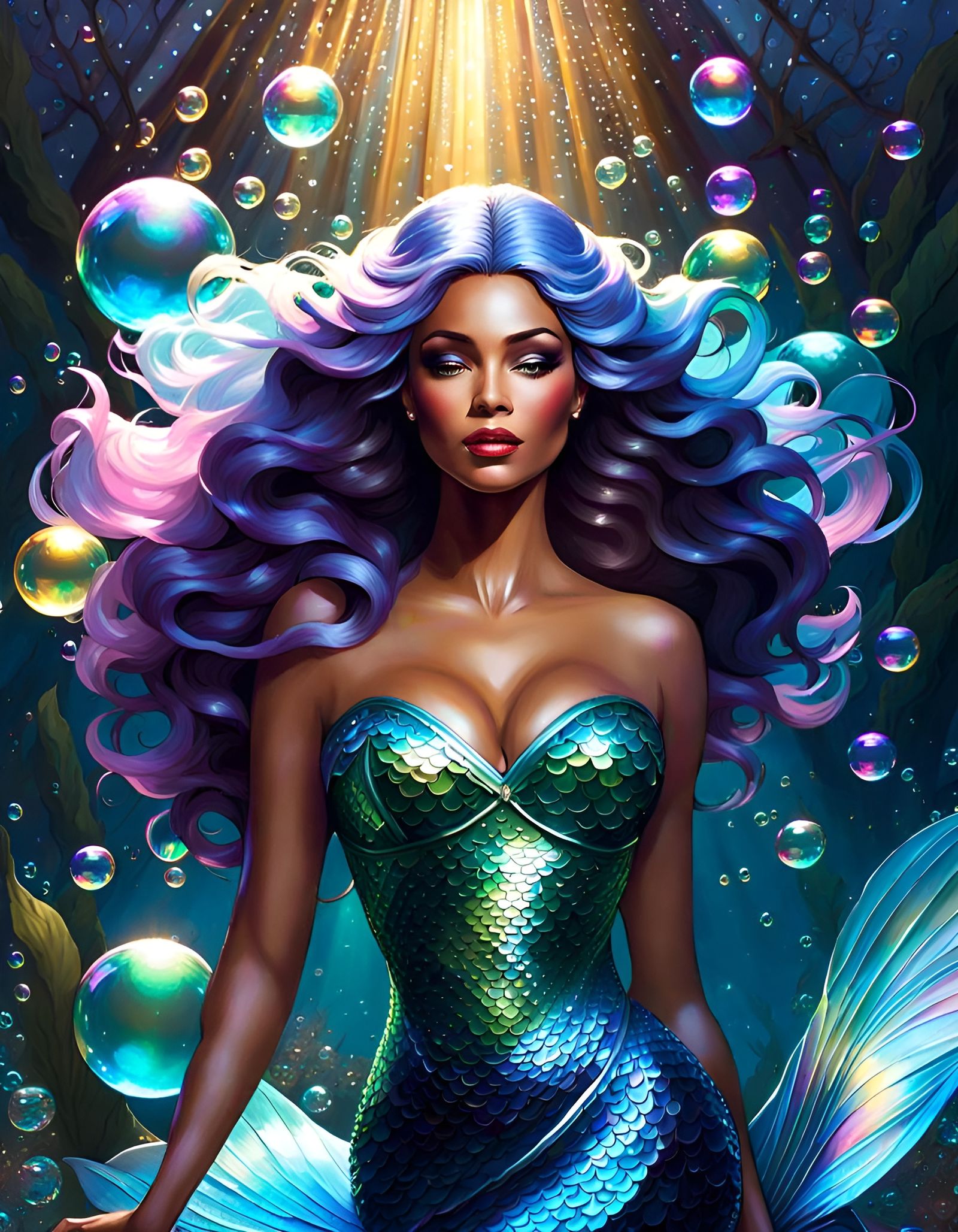 Diva Mermaid with Iridescent Bubbles, Fairies Artwork