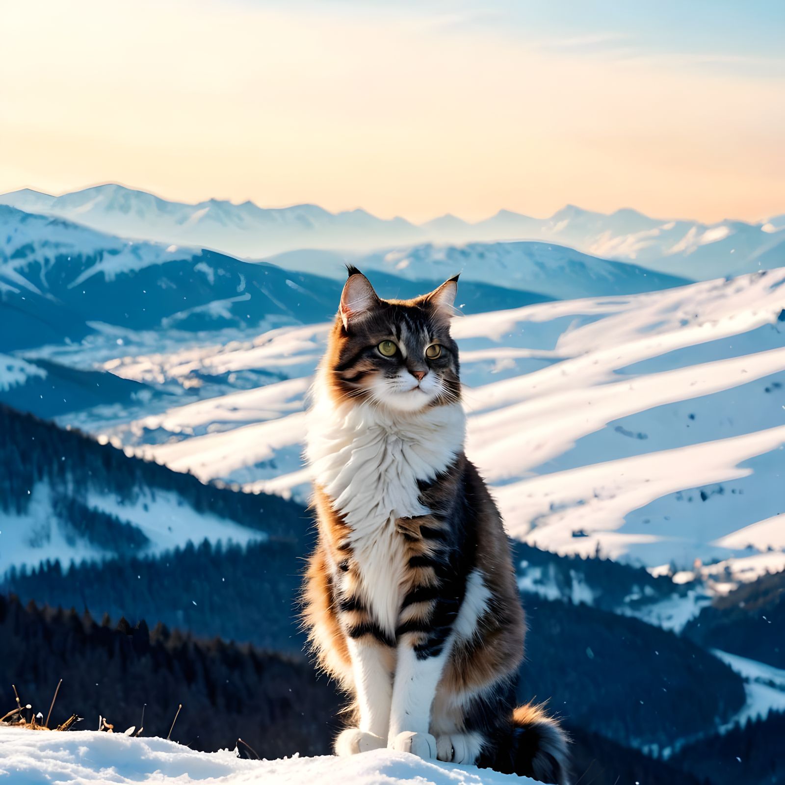 Mountain Cat in Snowy Valley: Abstract Pop Art
