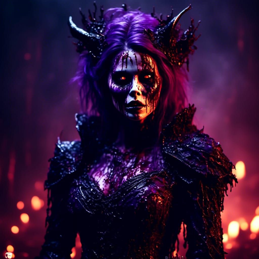 Nightmarish Dark Creature Woman in Fiery Purples
