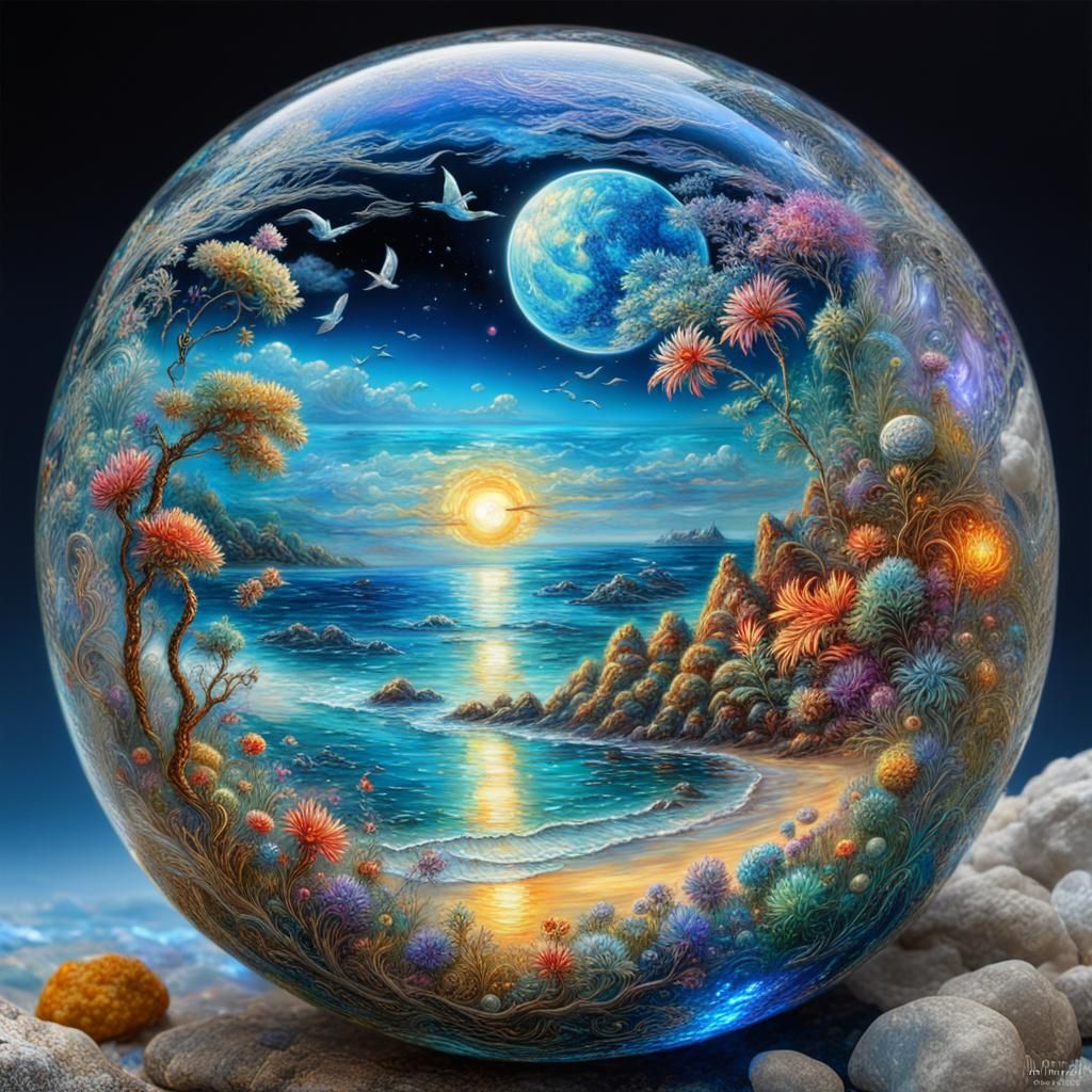 Summer Shoreline in Silver Sphere: Holographic Art