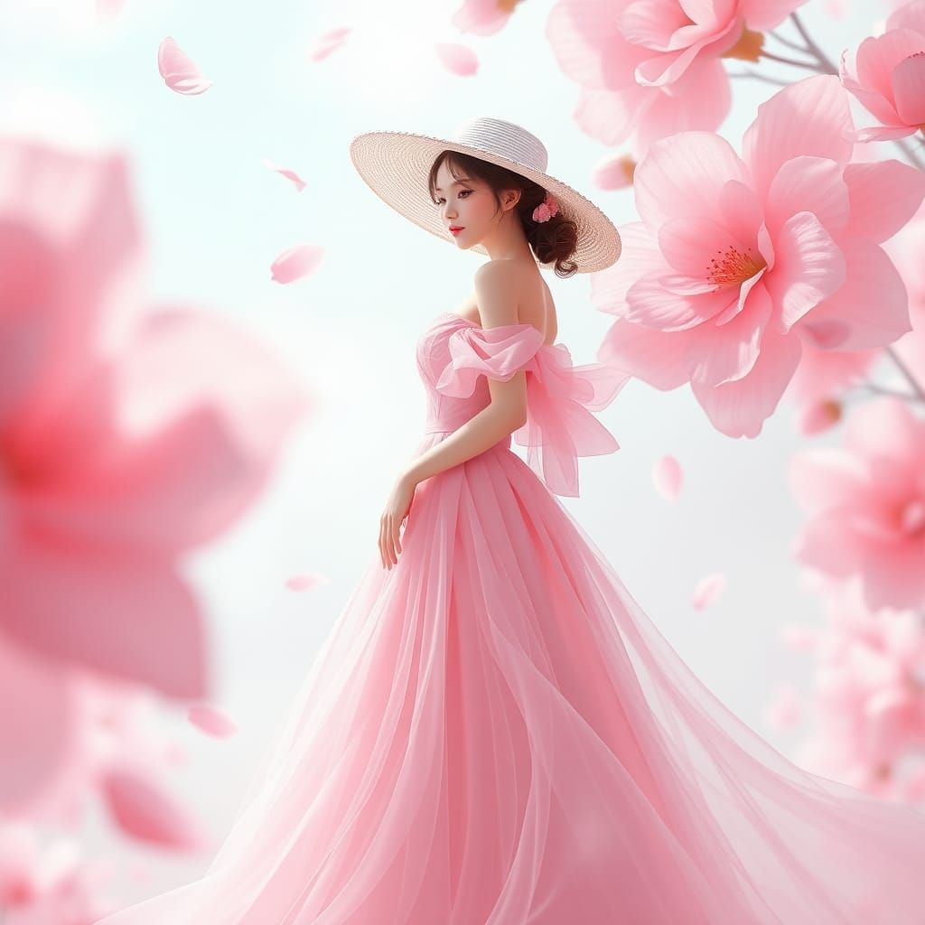 Elegant Woman in Pink Sky Dress: 3D Anime Art