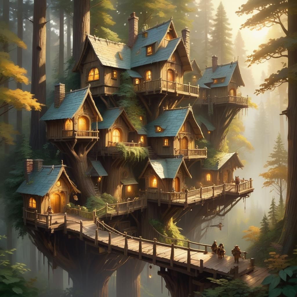 Idyllic Ewok Treehouse Village in Oil Painting Style