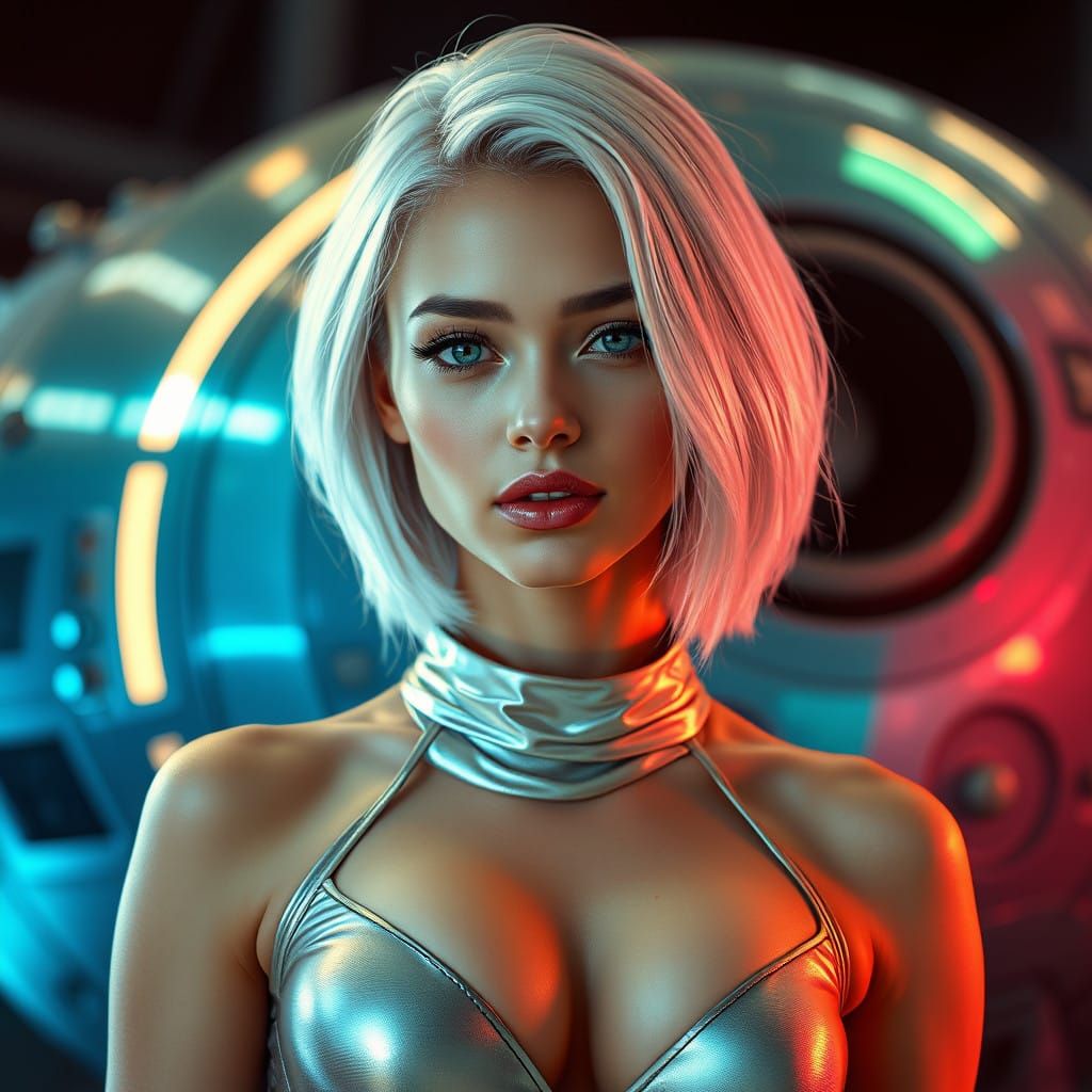 Sleek Silver Goddess in Futuristic Attire