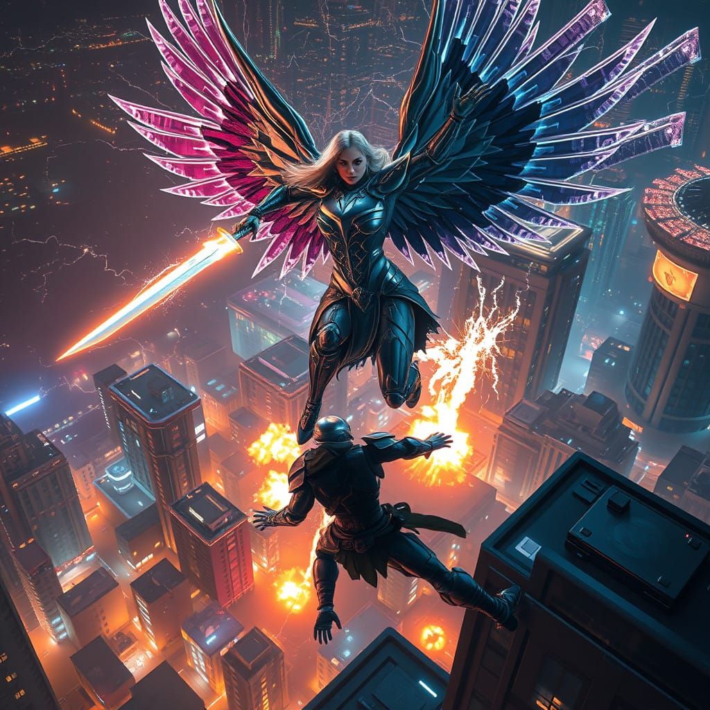 Valkyrie Warrior in Neon-Lit Battle