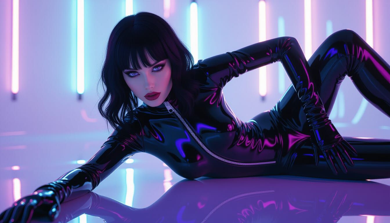 Emo Goth Model in Shiny Latex Catsuit