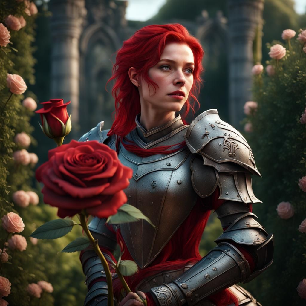 Red-Haired Knight Holding Rose in Fantasy Garden
