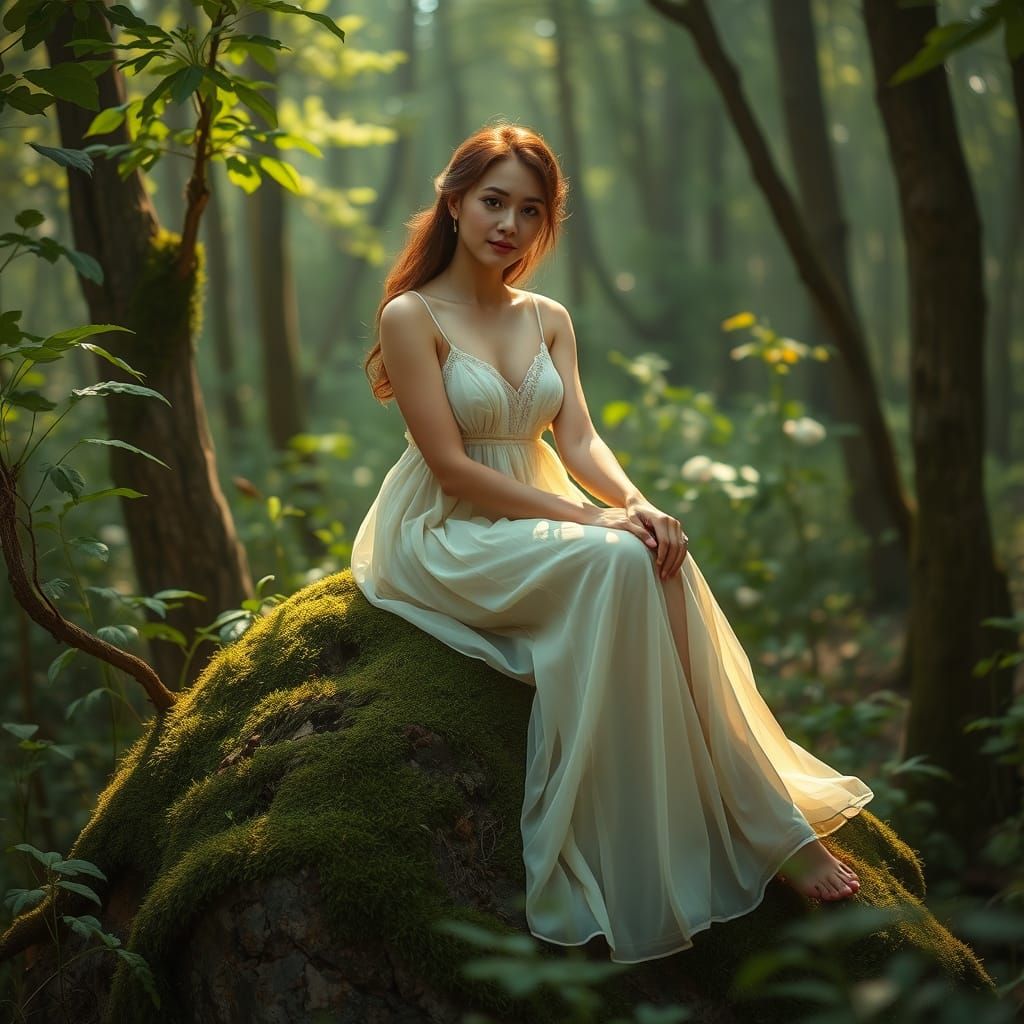 Woman in Sundress in Lush Greenery, Dreamy Art