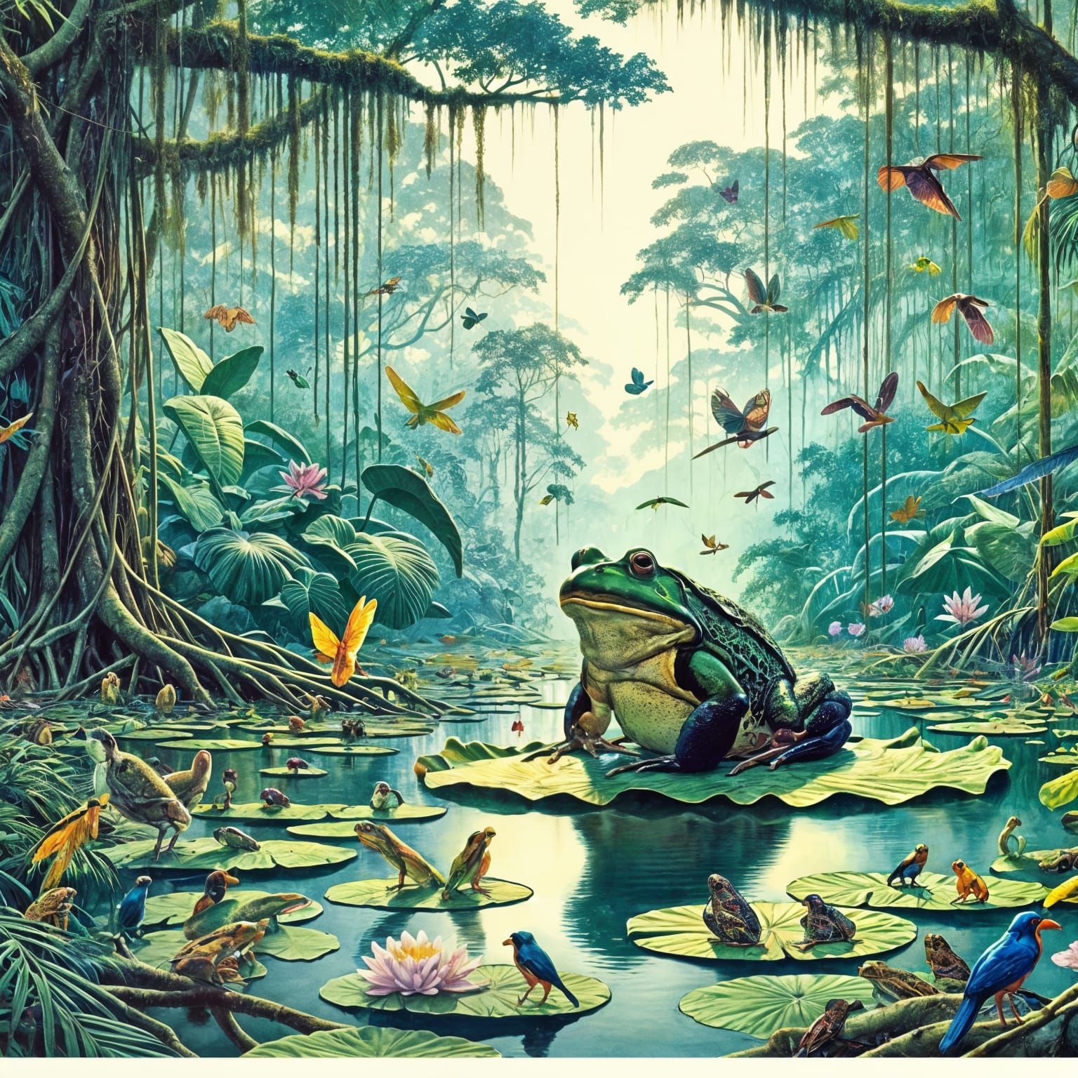 Lush Rainforest Swamp in Vintage Illustration Style