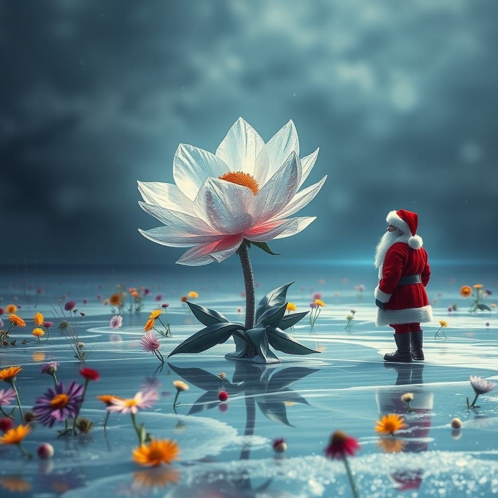 Crystallized Flower Blooms on Frozen Pond: Surreal Dreamscap...