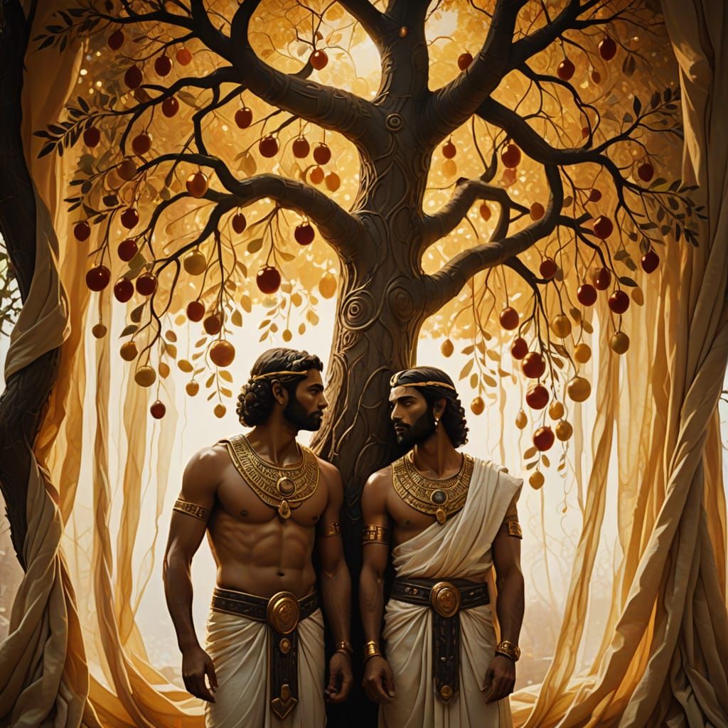 Glowing Tree Illuminates Mortals in Dreamy Oil Painting