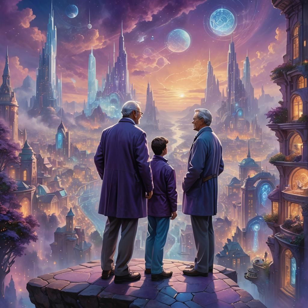 Futuristic Cityscape Reflection in Thomas Kinkade Style