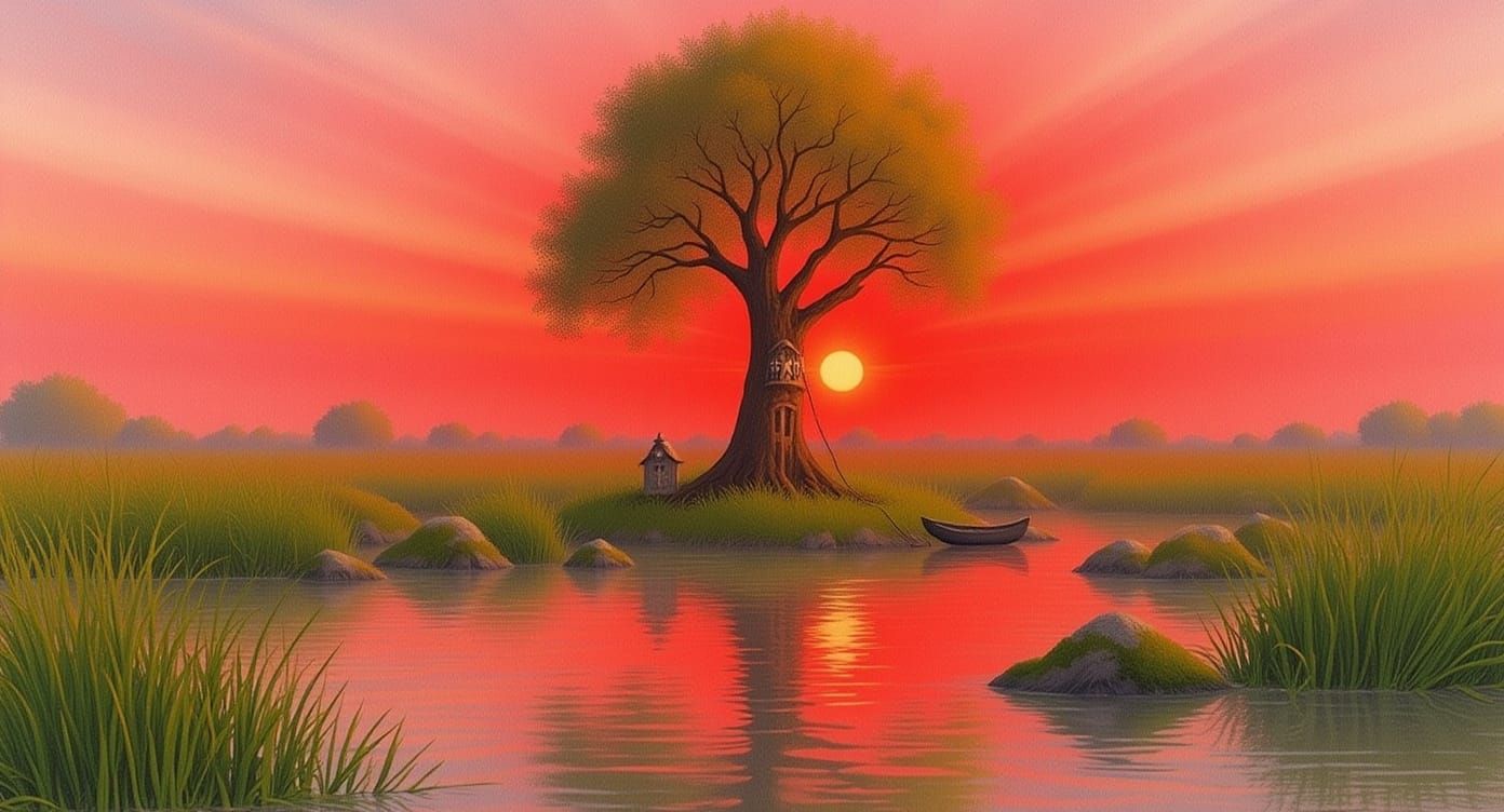 Swamp Sunset Reflection With Willow Tree Door