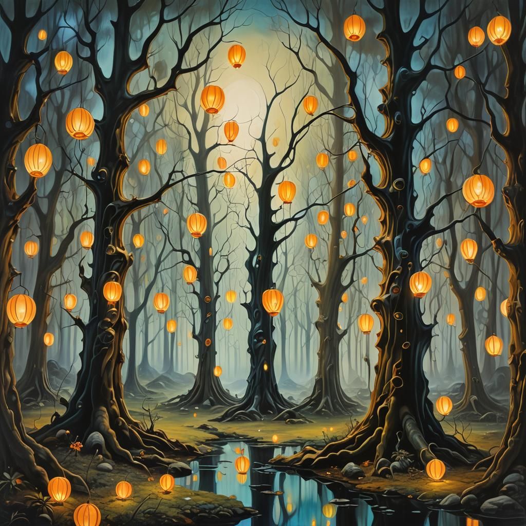 Surreal Fairy Lantern Forest in Melting Oil Style
