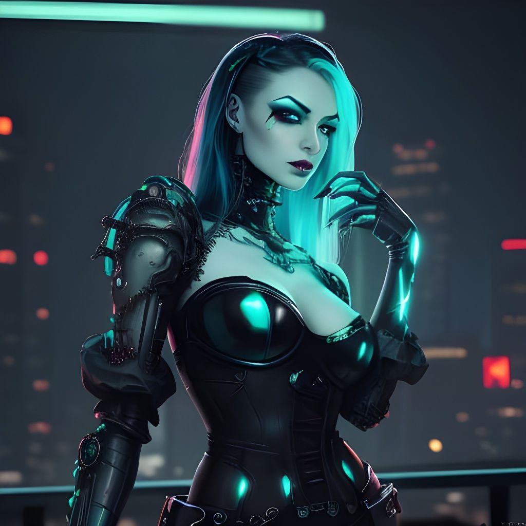 Gothic Pinup Gynoid in Cyberpunk Cityscape