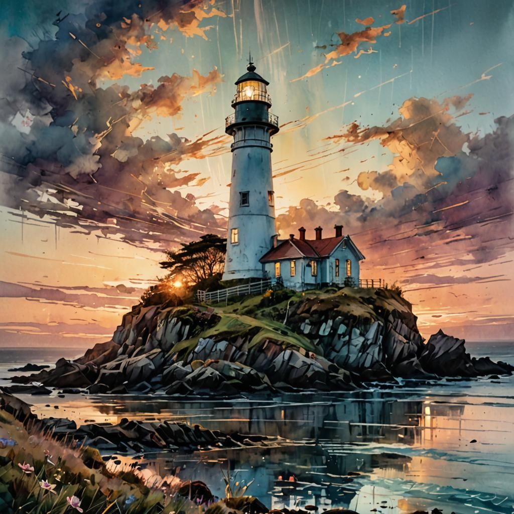 Sunset Lighthouse in Watercolor Style
