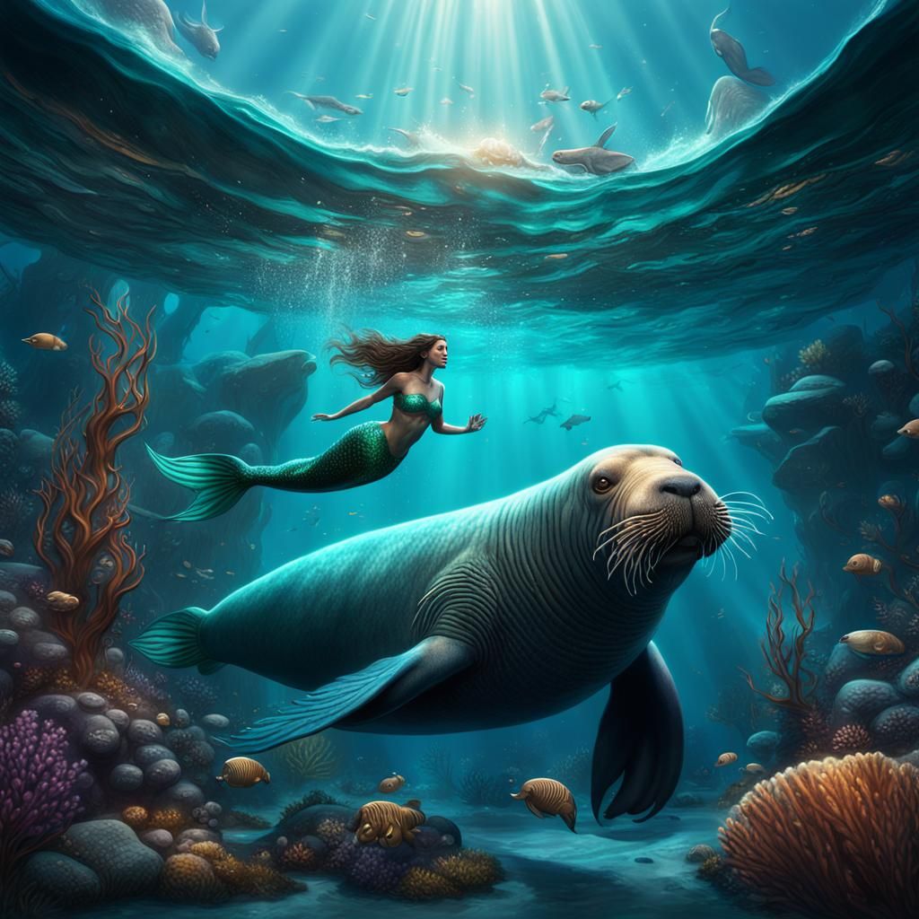 Mermaid and Walrus in Detailed Fantasy Art