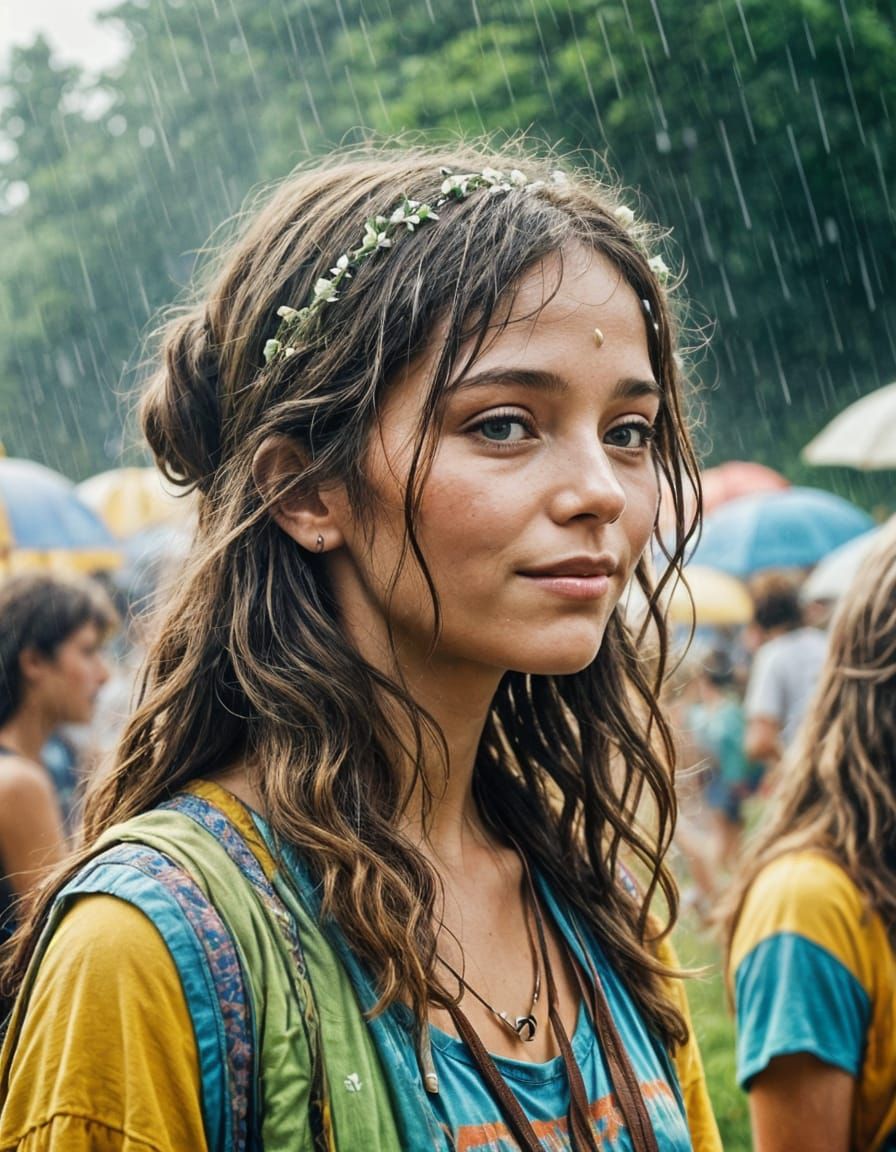 Woodstock Hippie in Gentle Summer Rain