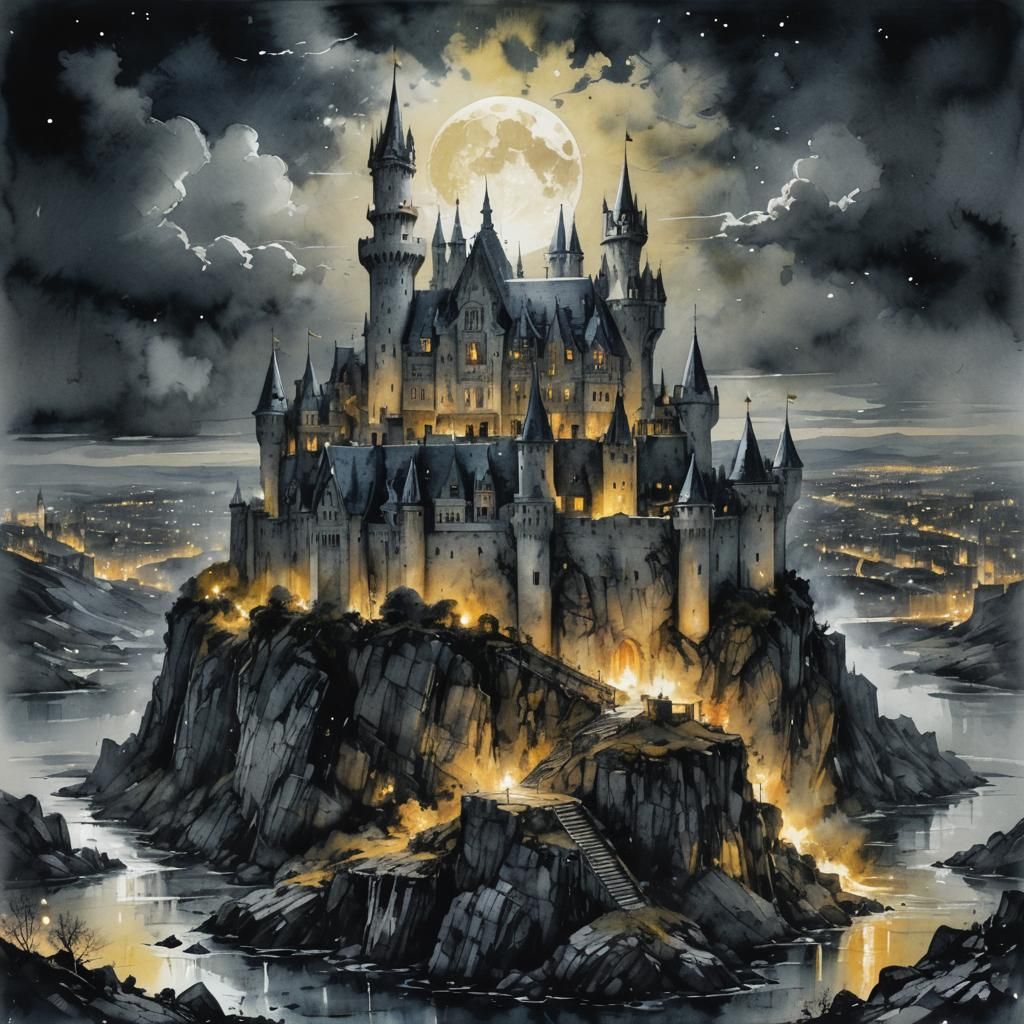 White Castle Under Moonlight: Watercolor Illustration