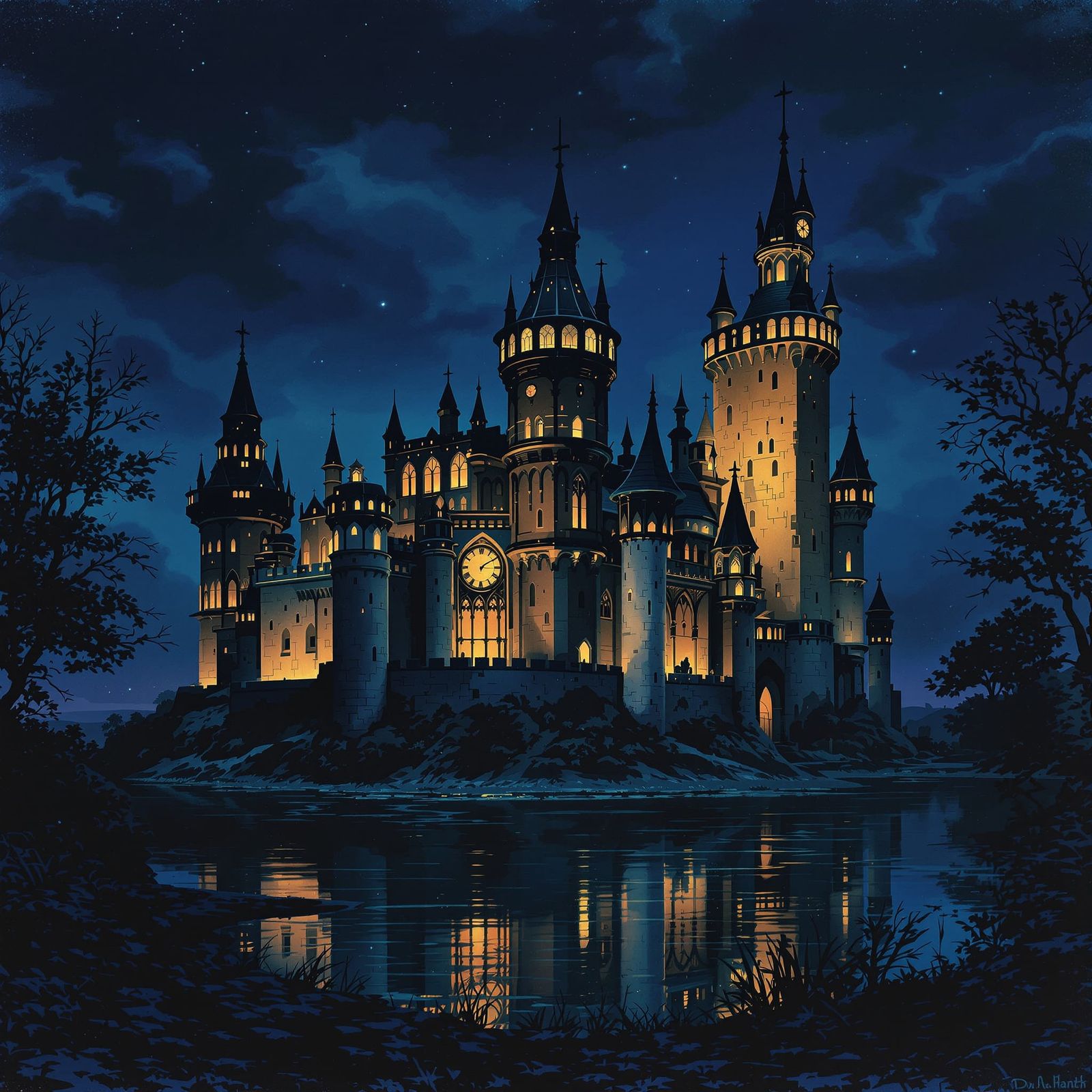 Gothic Castle with Moat at Night