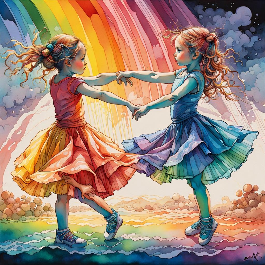 Dancers Bathed in Iridescent Rainbow Light