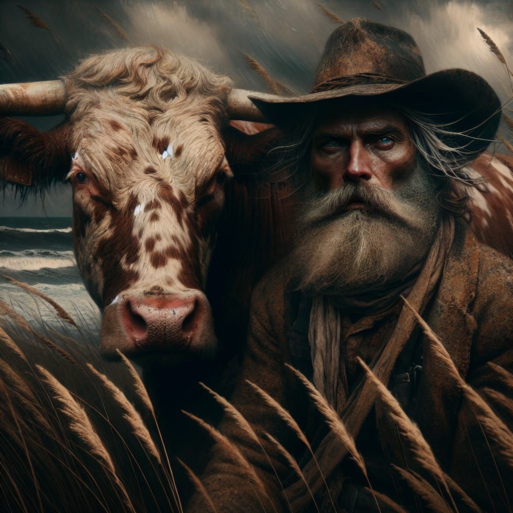 Cowboy and Cow on Stormy Beach, Post-Impressionist Style