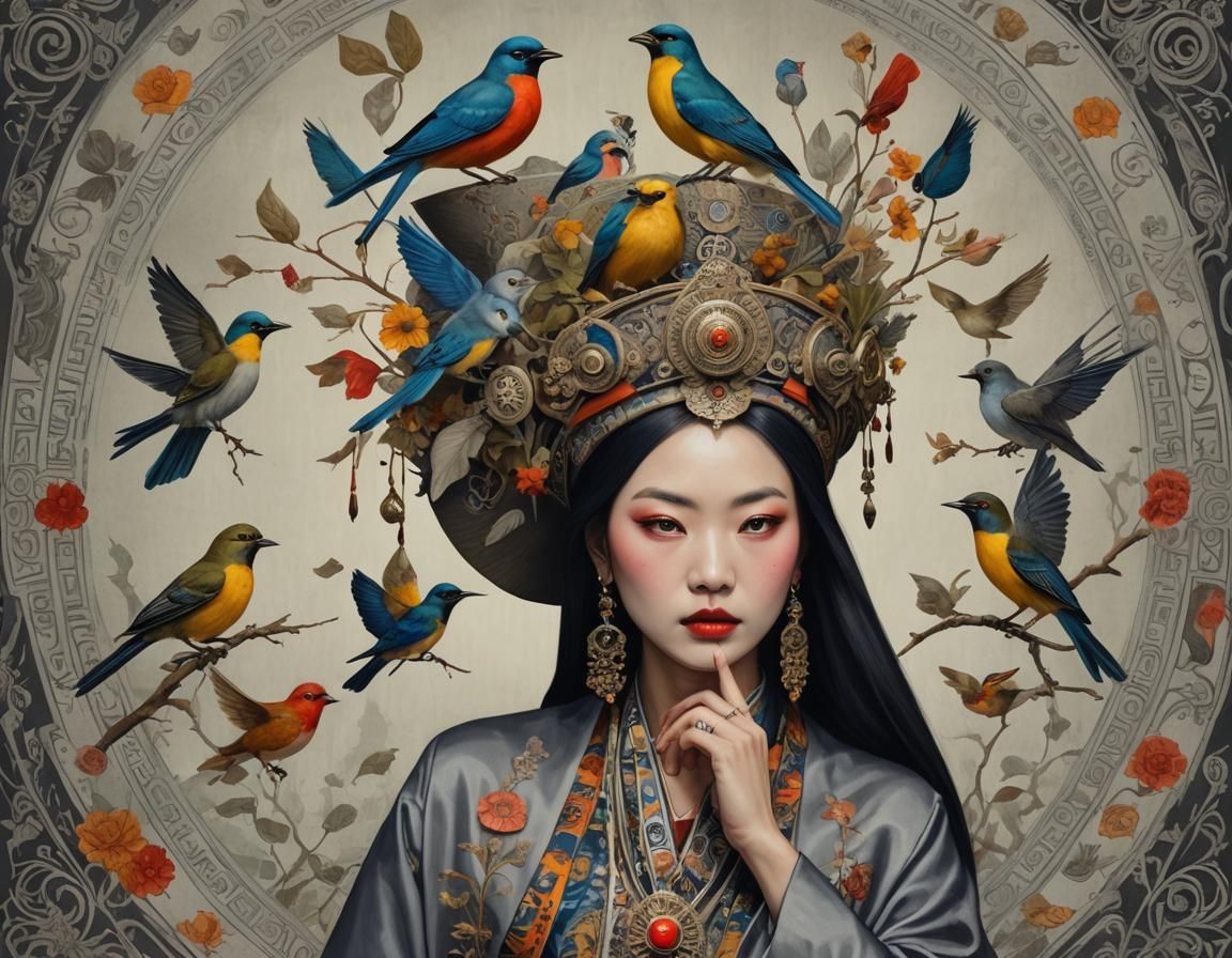Woman with Bird: Fashion Photo in Anime Style