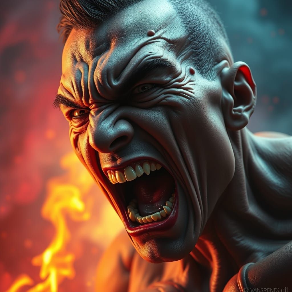 Human Face in Frenzied Rage, Hyperrealistic Mid-Shot with Vi...