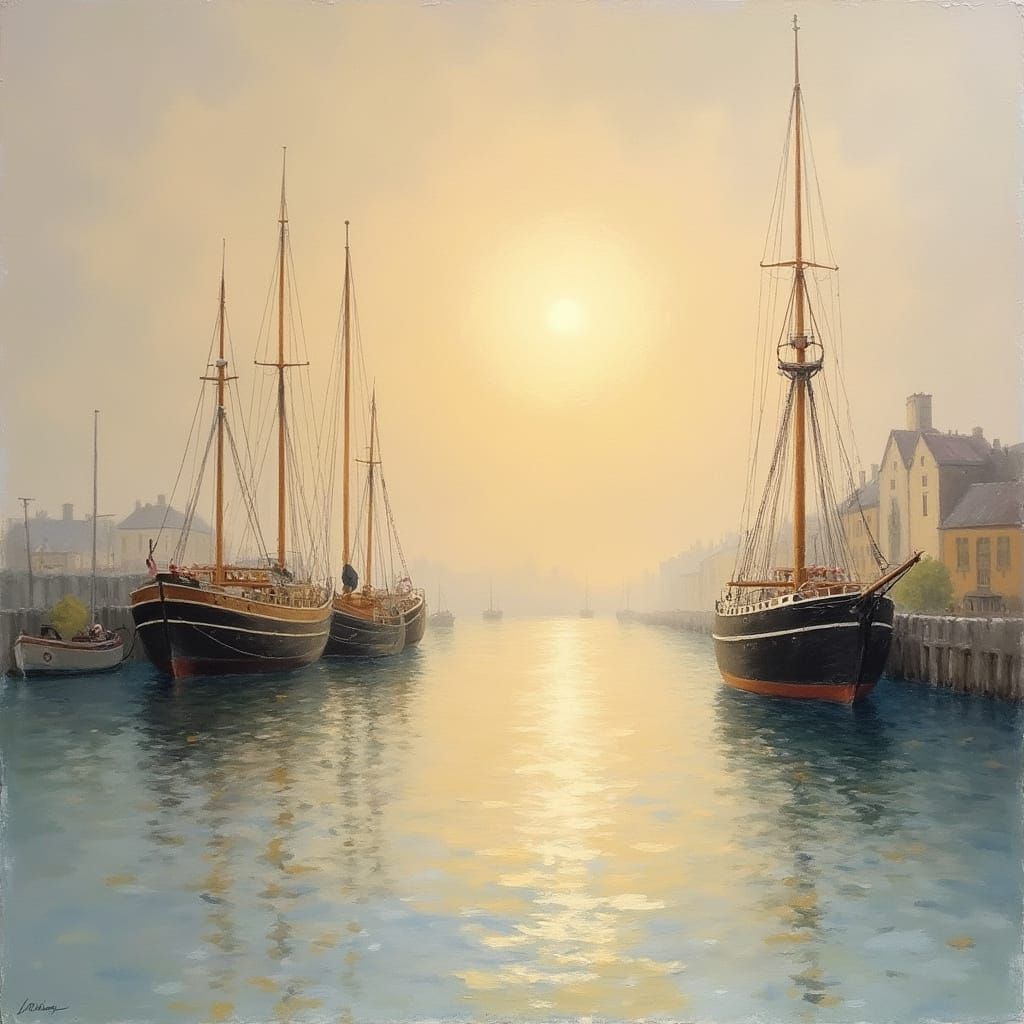 Serene Impressionistic Harbor Scene in Warm Golden Light