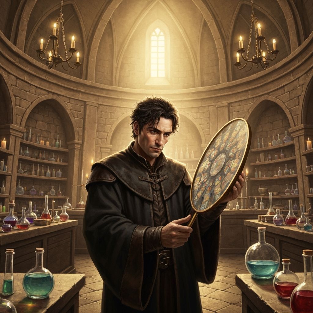 Alchemist Examines Kaleidoscope in Medieval Laboratory