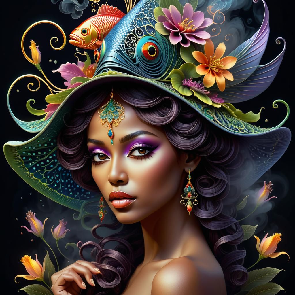 Enchanting Fairy with Floral Fish Hat in Gothic Art