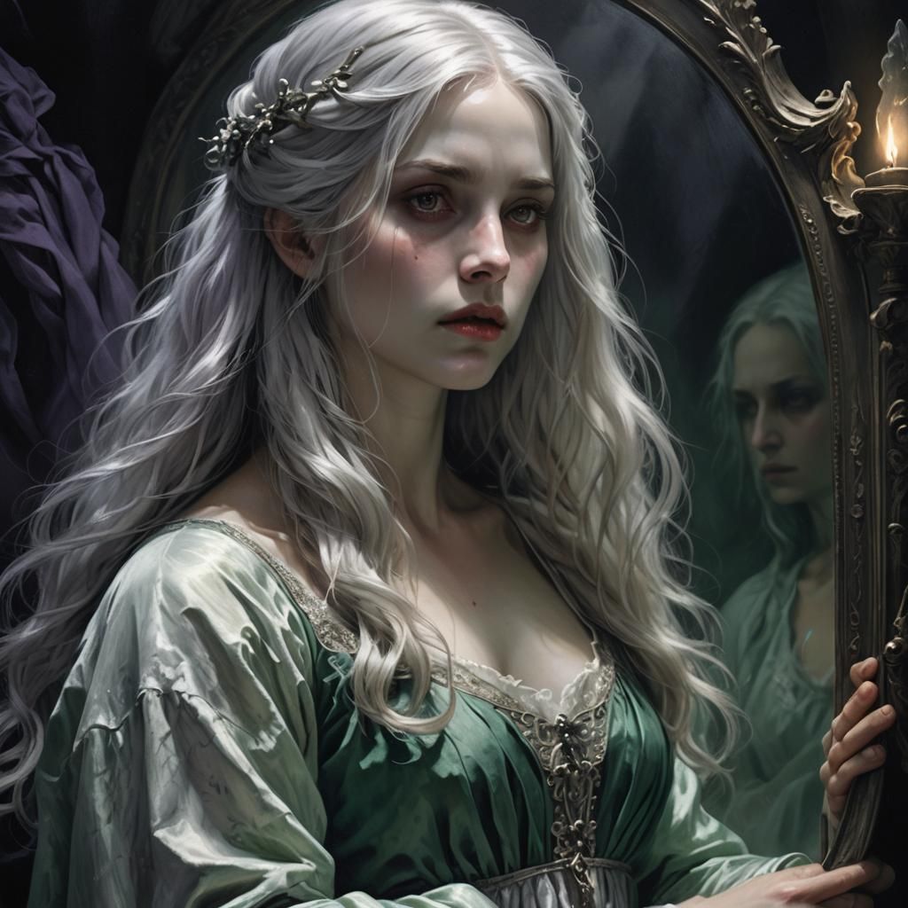 Ethereal Woman Gazing at Ghosts: Dark Fantasy Art