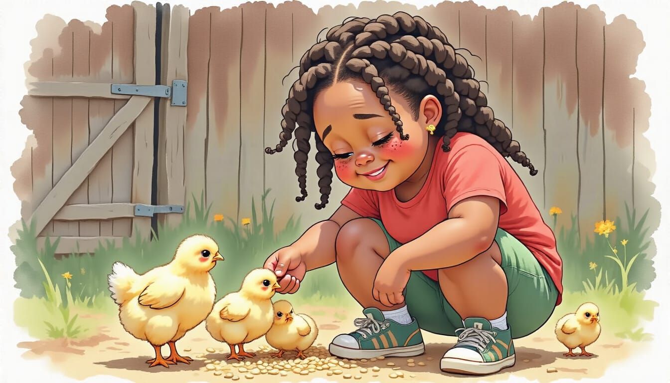 Smiling Girl Feeds Chicks: Watercolor and Oil Painting