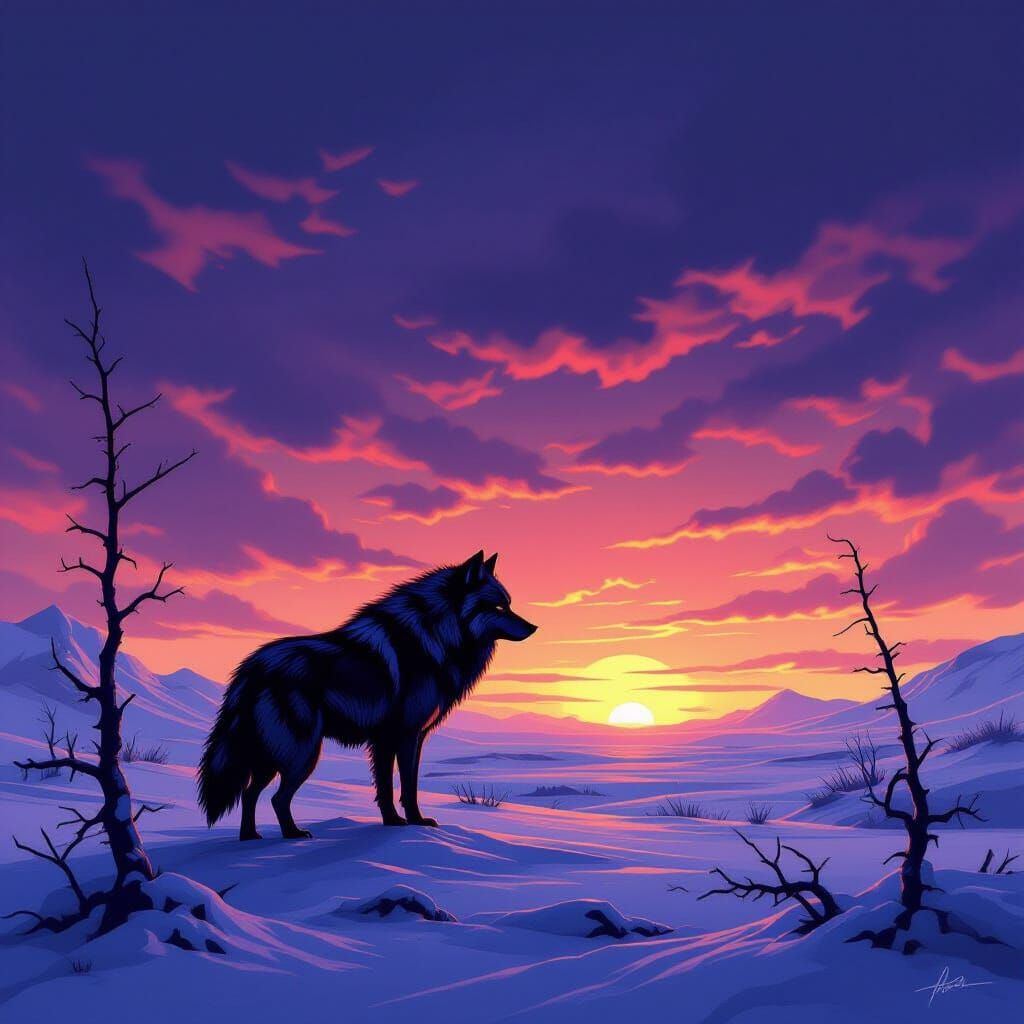 Lone Wolf on Tundra at Twilight in Dark Fantasy Style