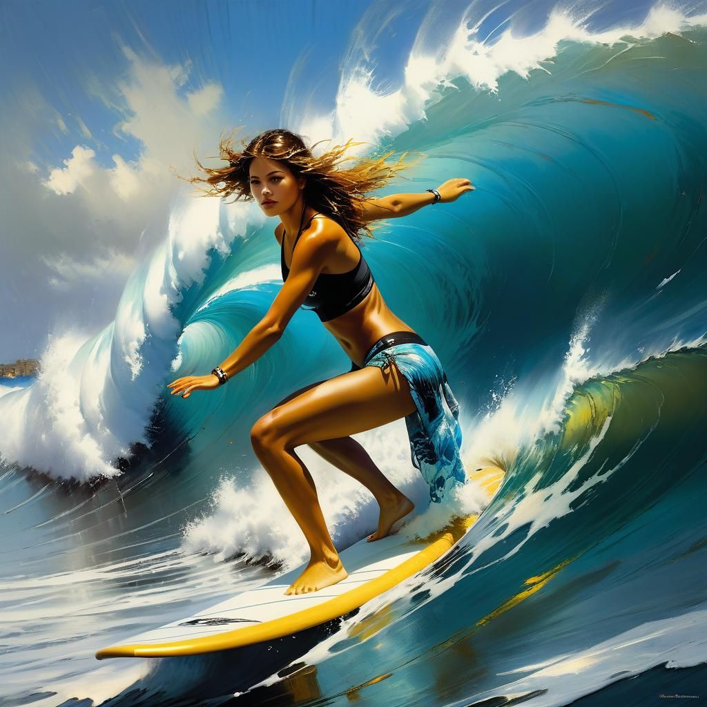 Woman Surfing a Stunning Ocean Wave