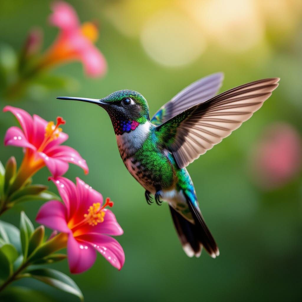 Photorealistic Hummingbird in Flight with Tropical Flowers