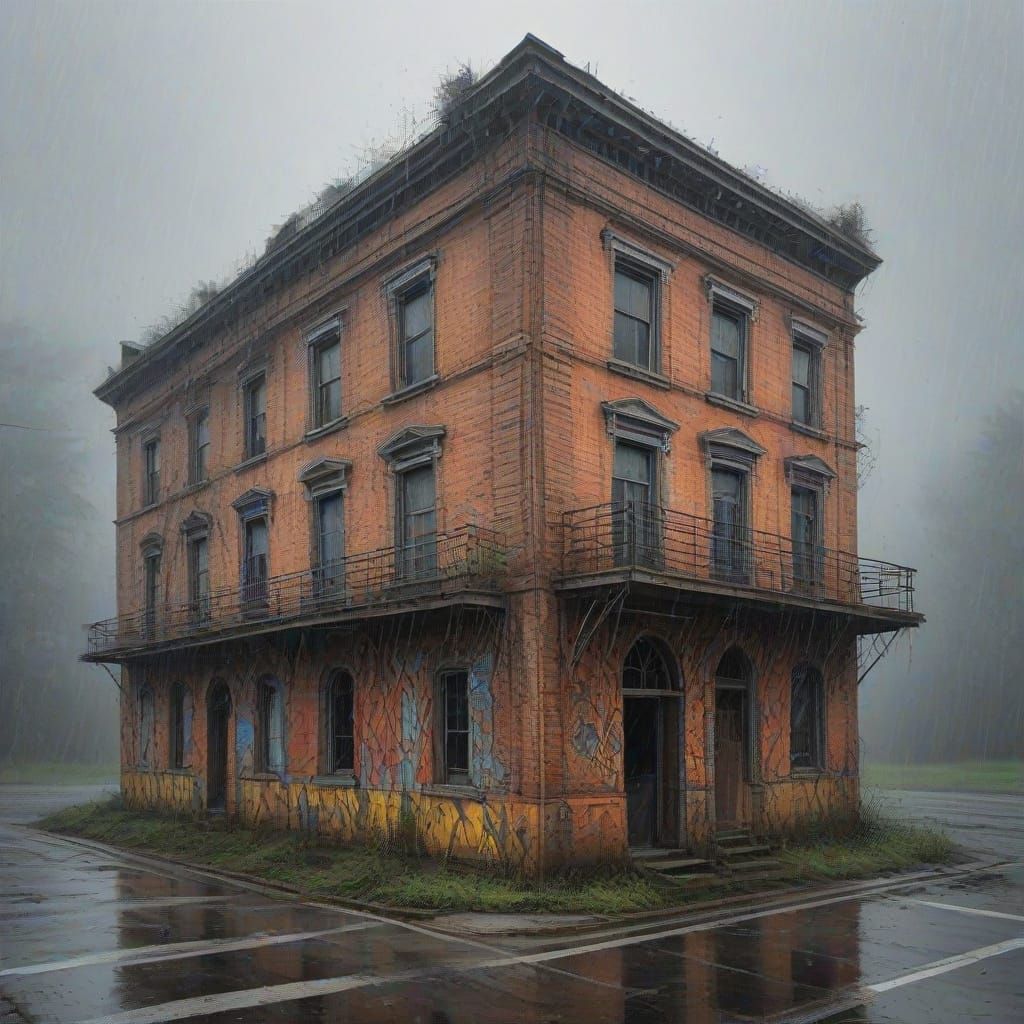 Abandoned Building in Fog and Rain, Mixed Media Scratch Art