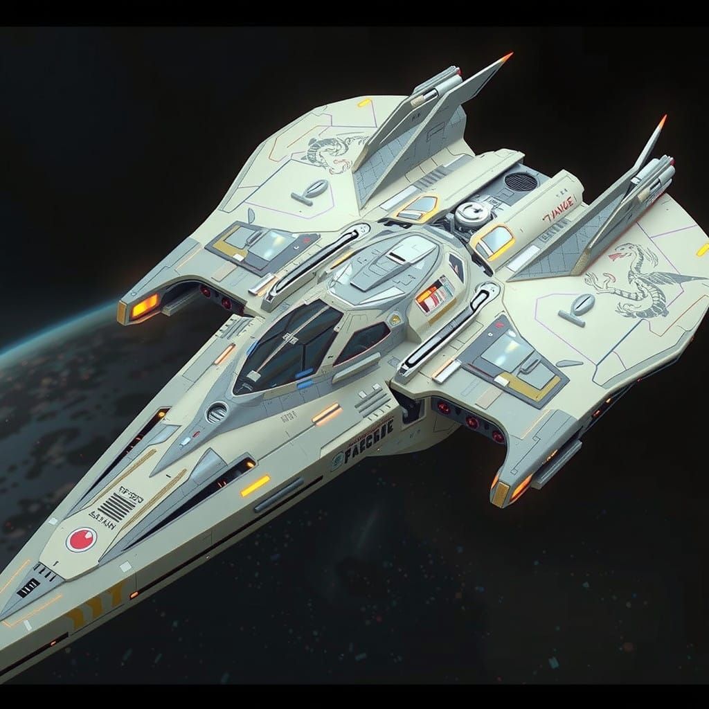 Ancient Futuristic Cyberpunk Spaceship in Metallic, Ivory, a...