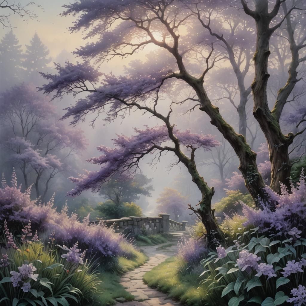 Hyperrealistic Lilac Landscape Watercolor, Detailed Artstati...