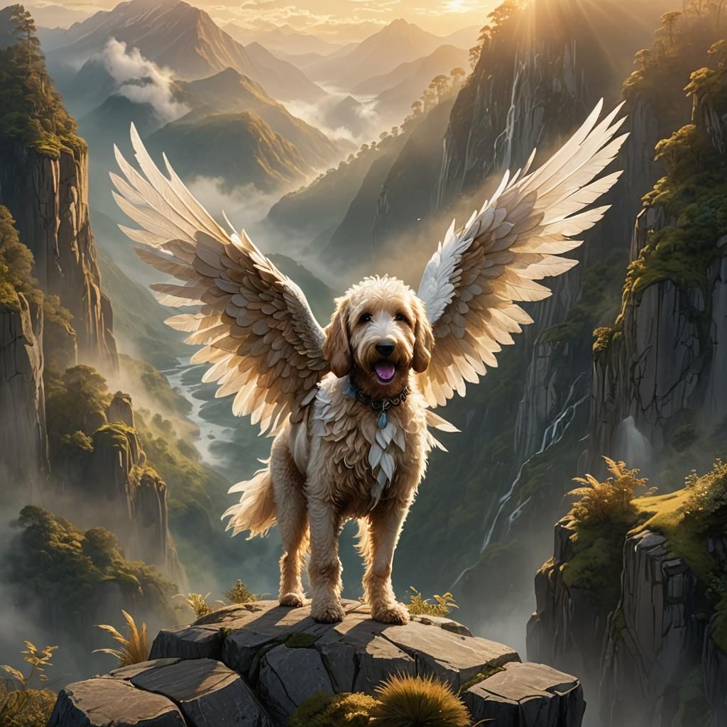 Golden Doodle with Wings on Misty Cliffside