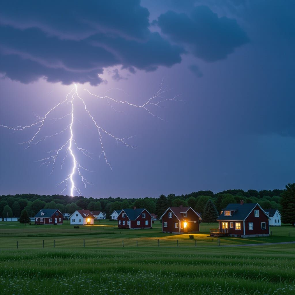 Dark Storm Clouds Over Cozy Houses with Warm Window Glows