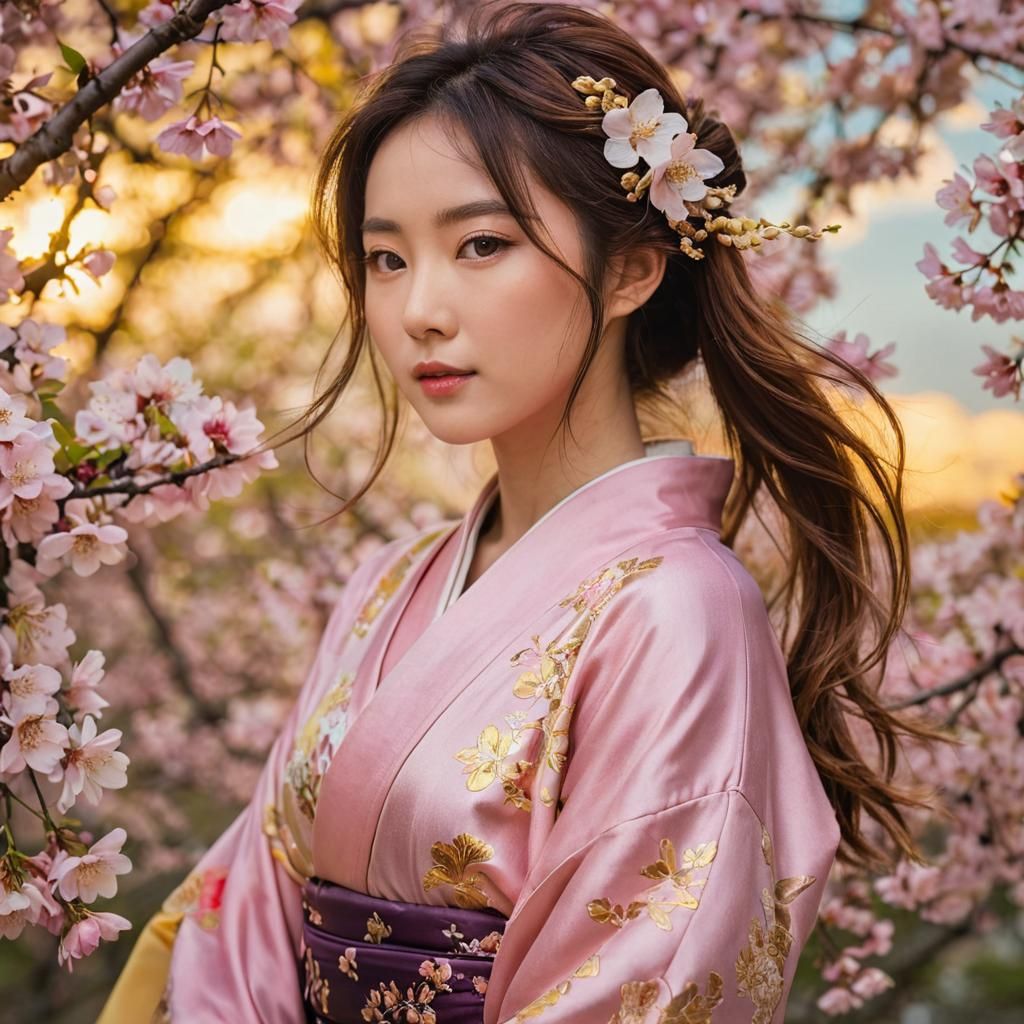 Opulent Kimono Portrait with Cherry Blossoms in Art Nouveau ...