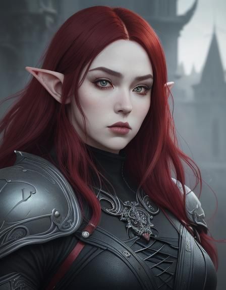 Curvy body, anime, woman, beautiful, red hair, vampire, gothic, elf, Ultra-realistic image, ultra-detailed color intensi...