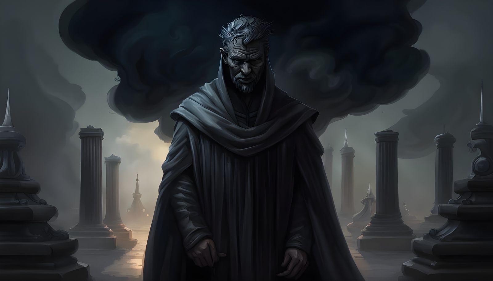 Timelord in Dark, Burned Robes, with Greek Column Background