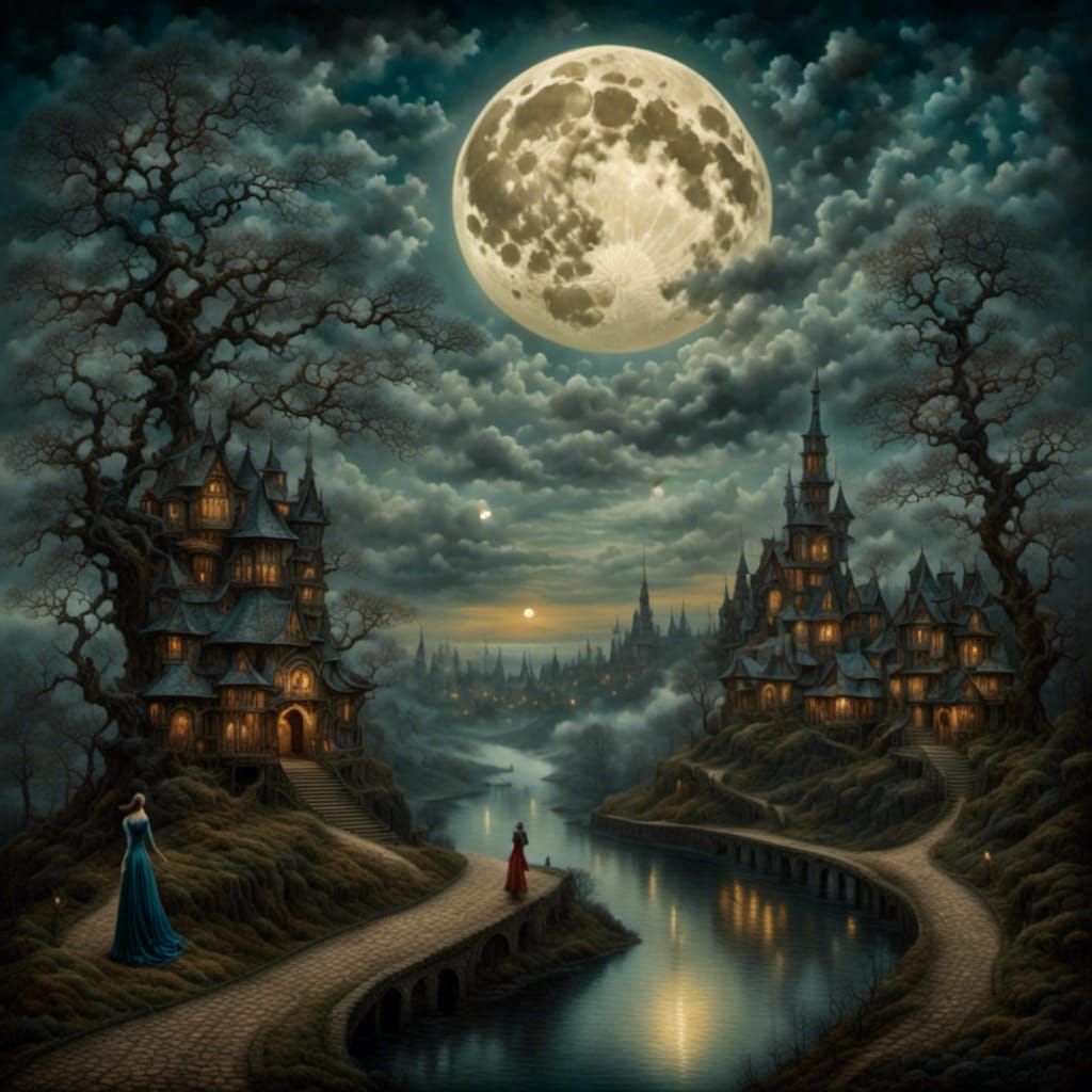 Girl Walking in Moonlight Under Mystic Moon