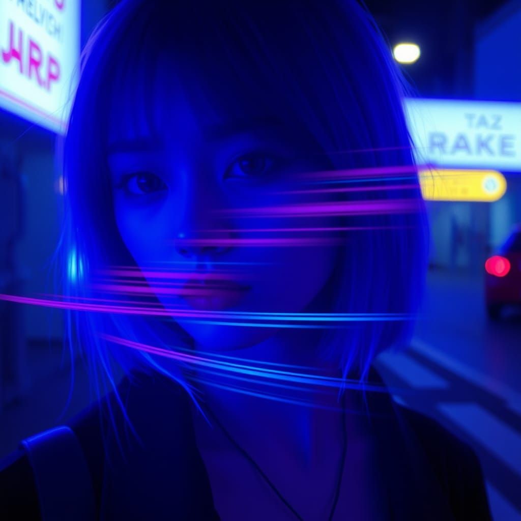 Neon Glitch Anime Woman in Angura Kei Style